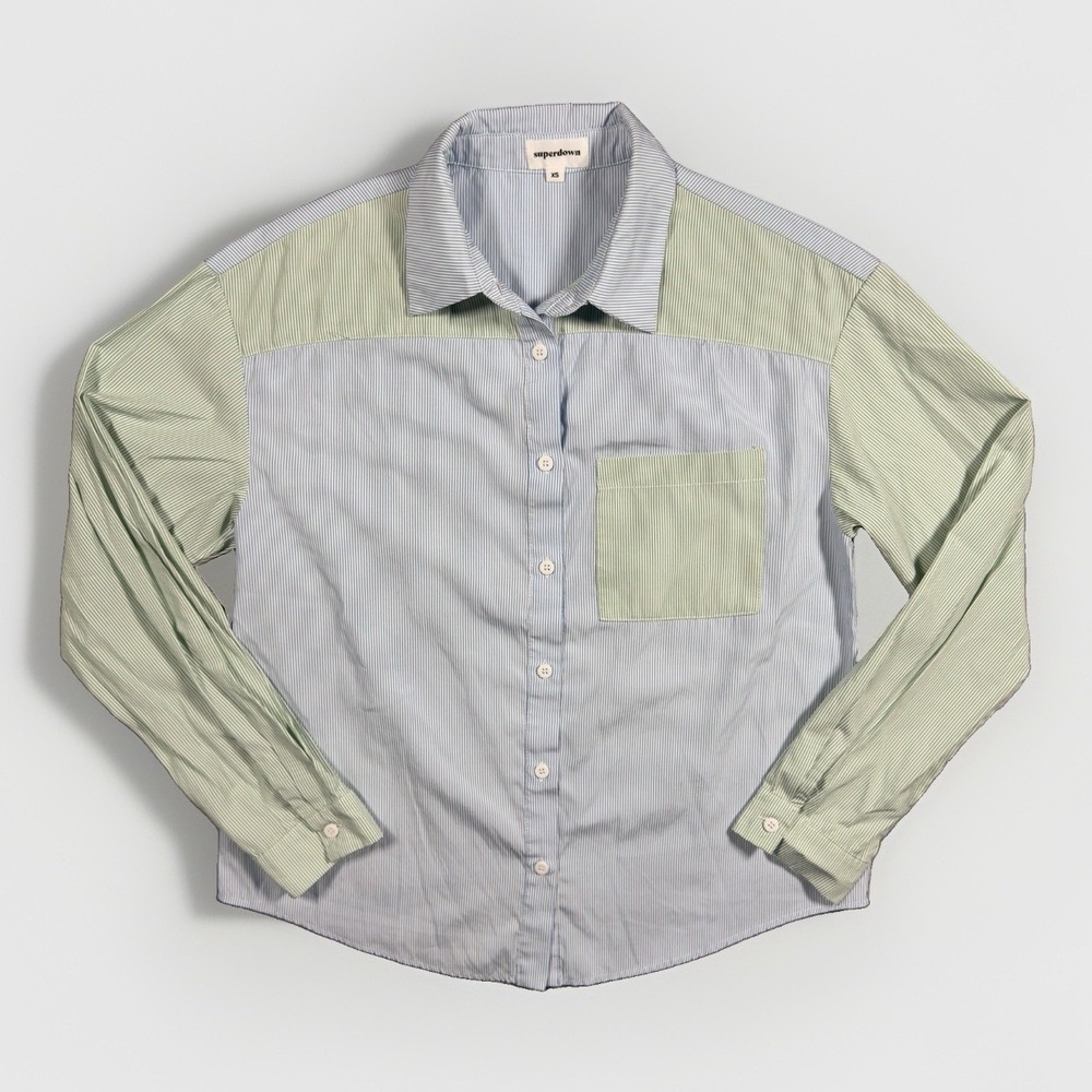 Superdown Womens XS Button Down Shirt Blue Green Pinstripe Colorblock Cotton